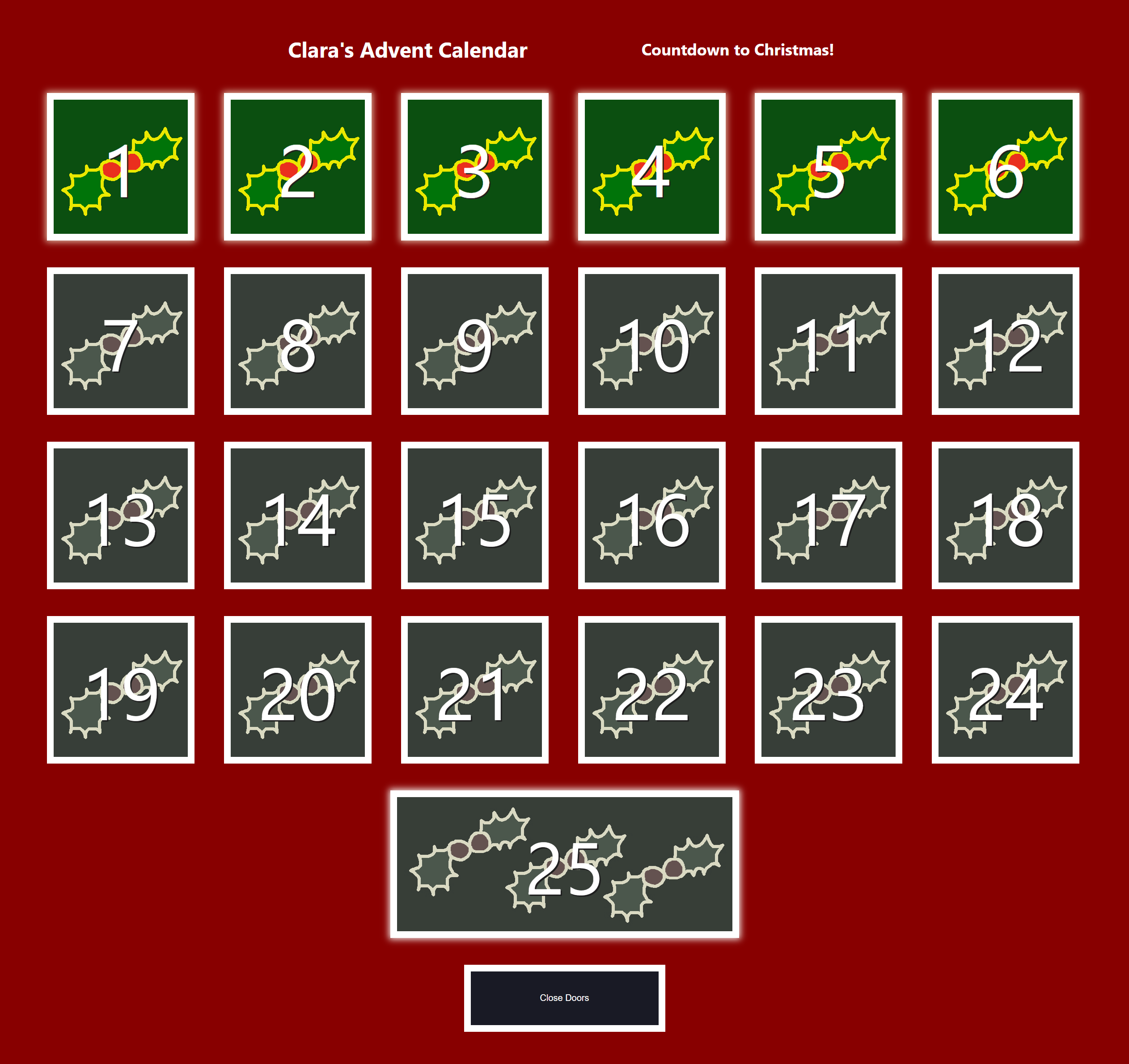 Advent Calendar screenshot: some placeholder holly leaves mark the unopened doors. The colour scheme is red, holly green and gold.