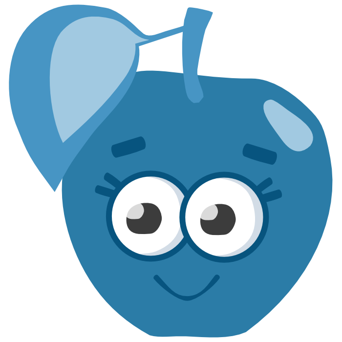 An SVG logo of a blue apple with big friendly eyes and a smile.