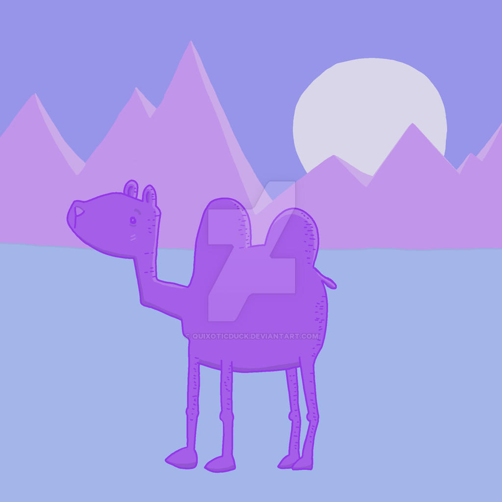 Computer art of a purple camel against a pyramid background.
