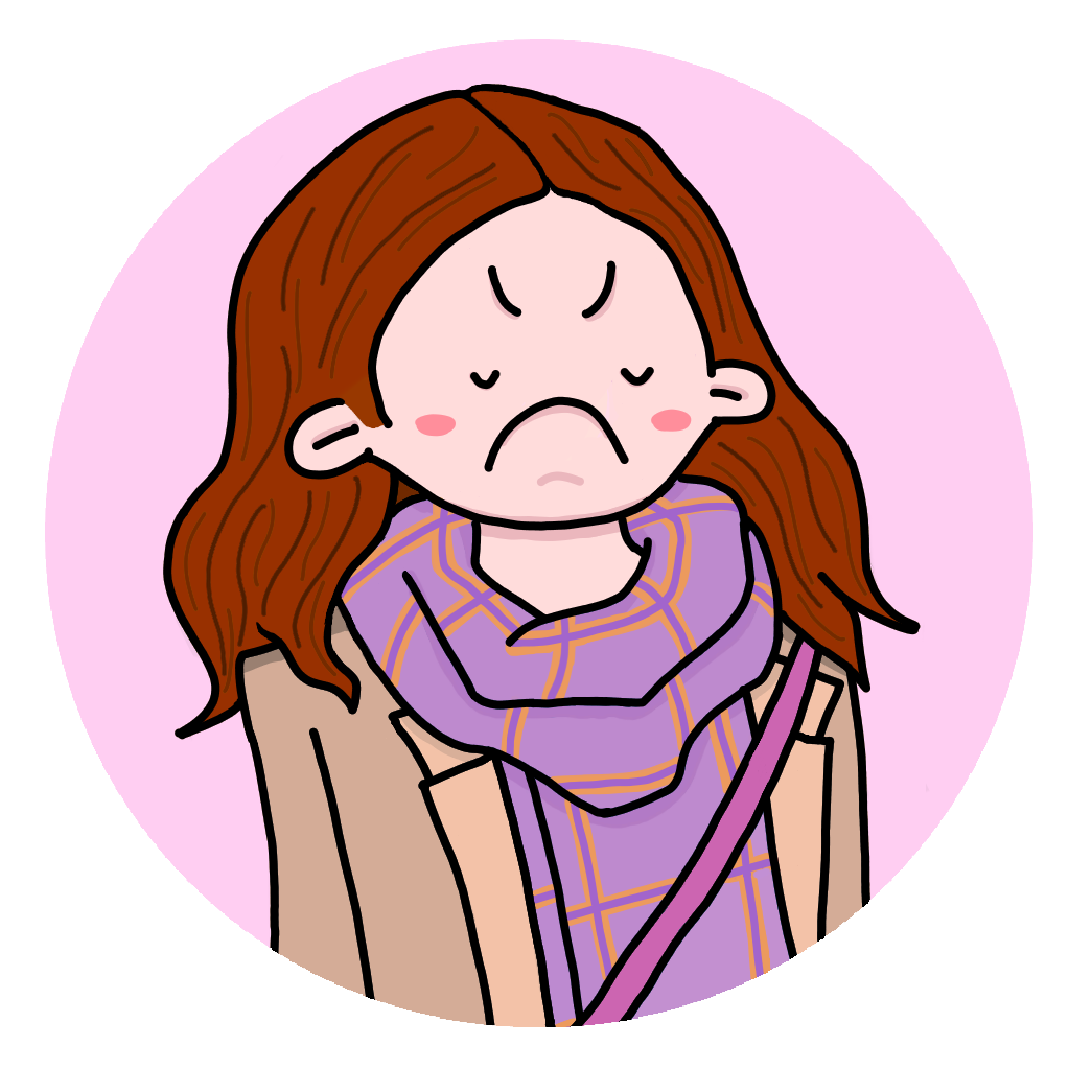 Cartoony art of a grumpy looking ginger person with long hair.