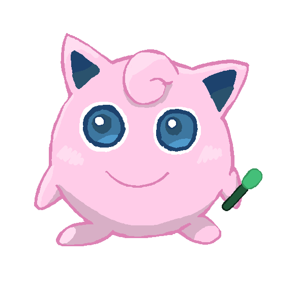 A computer drawing of the Pokémon Jigglypuff, holding a marker pen microphone.