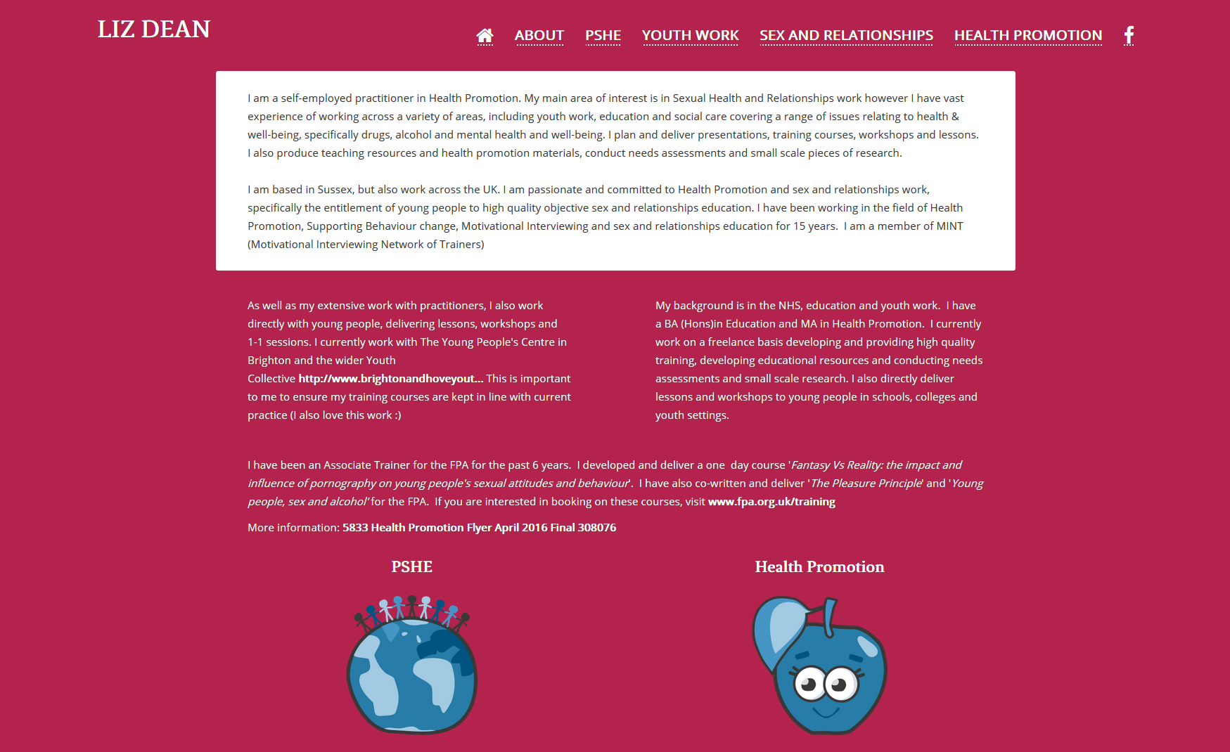 Website screenshot. The site has a cartoony style. The colour scheme is a bright pinky red, blue and white.