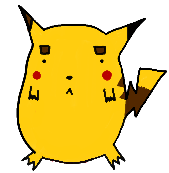 A messy computer drawing of the Pokémon Pikachu, looking grumpy.
