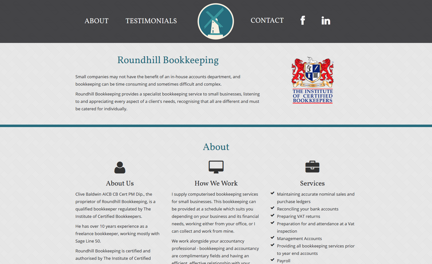 Website screenshot. The site has a teal, dark grey and cream colour scheme. The logo is an old windmill.