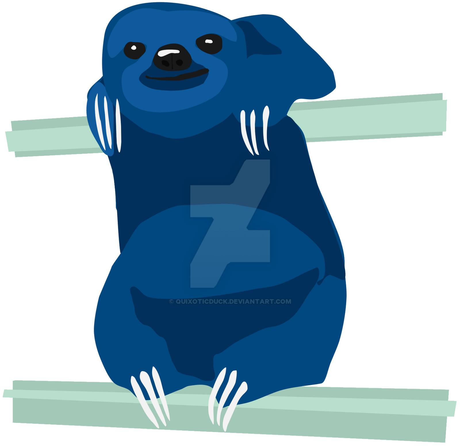 A blue sloth leaning on a rail.