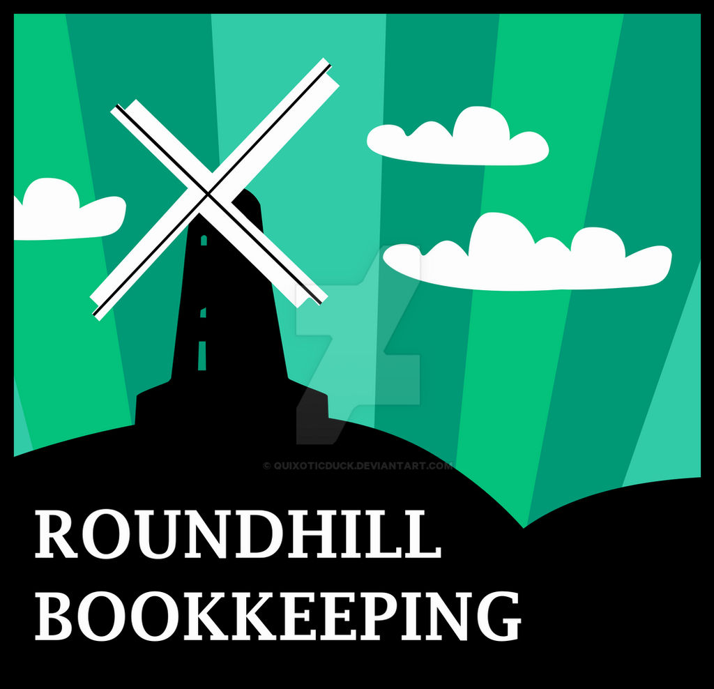 An SVG logo of a black windmill on a hill, with white clouds above and an emerald green sky behind it. 